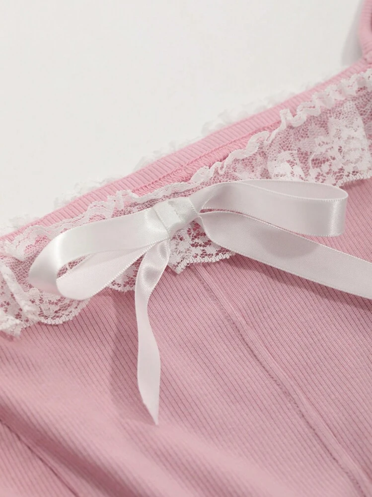 DAZY 拼接蕾絲邊吊帶短上衣 - 粉色 - 查看 6