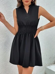 SHEIN Privé 缺口領無袖A字洋裝 - 黑色 - 查看 4