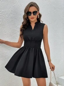 SHEIN Privé 缺口領無袖A字洋裝 - 黑色 - 查看 3