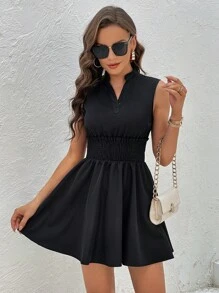 SHEIN Privé 缺口領無袖A字洋裝 - 黑色 - 查看 6