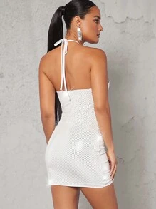 SHEIN BAE 腰部鏤空亮片吊脖緊身連衣裙 - 白色 - 查看 2