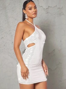 SHEIN BAE 腰部鏤空亮片吊脖緊身連衣裙 - 白色 - 查看 3