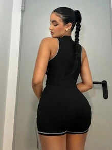 SHEIN ICON Contrast Mesh Zip Up Top-stitching Unitard Romper - Black - View 3