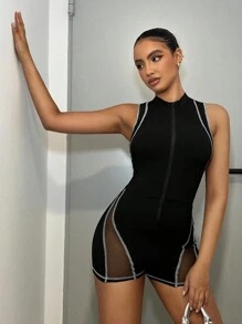 SHEIN ICON Contrast Mesh Zip Up Top-stitching Unitard Romper - Black - View 4