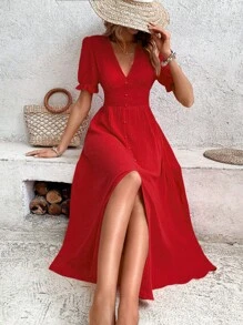 Chiquease Đầm Nút phía trước màu trơn Giải trí - Đỏ - Xem 1