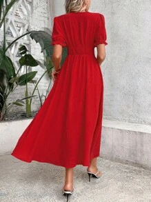 Chiquease Đầm Nút phía trước màu trơn Giải trí - Đỏ - Xem 2