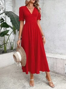 Chiquease Đầm Nút phía trước màu trơn Giải trí - Đỏ - Xem 4