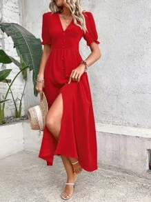 Chiquease Đầm Nút phía trước màu trơn Giải trí - Đỏ - Xem 6