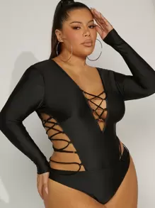 Hauture Plus Crisscross Cut Out Bodysuit - Black - View 1
