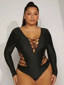 Hauture Plus Crisscross Cut Out Bodysuit - Black - View 3