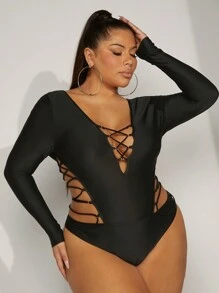 Hauture Plus Crisscross Cut Out Bodysuit - Black - View 4