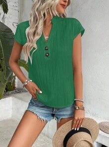 SHEIN Holidaya 素色前紐扣蝙蝠袖襯衫 - 綠色 - 查看 3