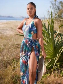 熱帶圖案鏤空連體泳衣附沙灘裙 - 彩色 - 查看 5