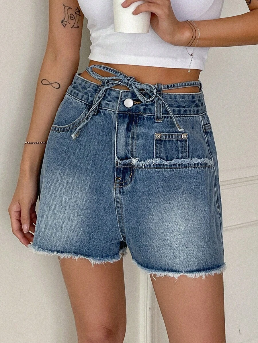 DAZY 前繫帶毛邊牛仔短褲 - 淺色水洗藍 - 查看 1