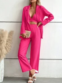 SHEIN Privé Bộ âu phục nữ Nút Túi Nút phía trước màu trơn Thanh lịch - Hồng - Xem 1