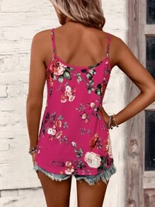 SHEIN LUNE Áo hai dây họa tiết ren guipure in hoa Áo thun họa tiết cho nữ - Màu Hồng Tươi - Xem 2