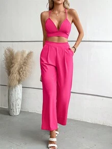 SHEIN Privé Bộ âu phục nữ Nút Túi Nút phía trước màu trơn Thanh lịch - Hồng - Xem 3