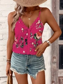 SHEIN LUNE Áo hai dây họa tiết ren guipure in hoa Áo thun họa tiết cho nữ - Màu Hồng Tươi - Xem 4