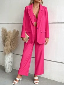 SHEIN Privé Bộ âu phục nữ Nút Túi Nút phía trước màu trơn Thanh lịch - Hồng - Xem 4