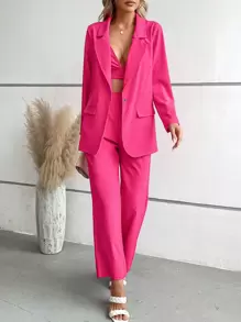 SHEIN Privé Bộ âu phục nữ Nút Túi Nút phía trước màu trơn Thanh lịch - Hồng - Xem 6