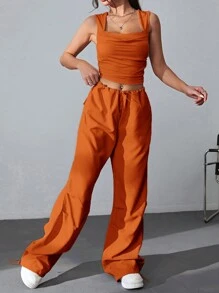 SHEIN EZwear Solid Ruched Crop Tank Top & Drawstring Waist Trousers - Orange - View 1