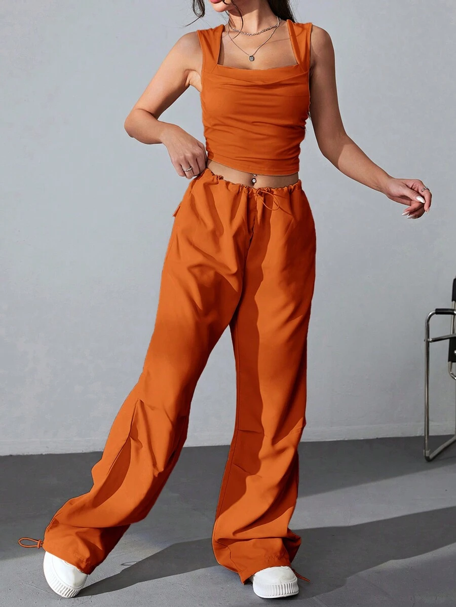 SHEIN EZwear Solid Ruched Crop Tank Top & Drawstring Waist Trousers - Orange - View 1