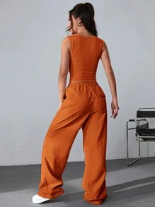 SHEIN EZwear Solid Ruched Crop Tank Top & Drawstring Waist Trousers - Orange - View 2