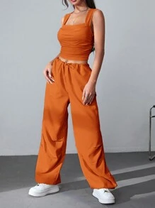 SHEIN EZwear Solid Ruched Crop Tank Top & Drawstring Waist Trousers - Orange - View 4