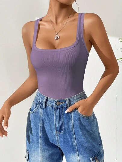 SHEIN EZwear 素色條紋針織背心連體衣