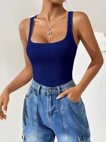 SHEIN EZwear 素色條紋針織背心連體衣 - 藍色 - 查看 1