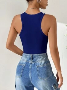 SHEIN EZwear 素色條紋針織背心連體衣 - 藍色 - 查看 2