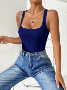 SHEIN EZwear 素色條紋針織背心連體衣 - 藍色 - 查看 4