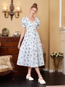 SHEIN MOD In hoa Ditsy Ống tay áo Đầm - Xanh và trắng - Xem 6