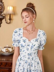 SHEIN MOD In hoa Ditsy Ống tay áo Đầm - Xanh và trắng - Xem 3