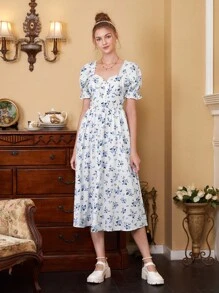 SHEIN MOD In hoa Ditsy Ống tay áo Đầm - Xanh và trắng - Xem 2