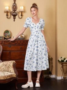 SHEIN MOD In hoa Ditsy Ống tay áo Đầm - Xanh và trắng - Xem 4