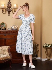 SHEIN MOD In hoa Ditsy Ống tay áo Đầm - Xanh và trắng - Xem 5