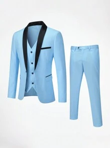 CLOUDSTYLE Men Contrast Panel Shawl Collar Blazer & Trousers - Baby Blue - View 1