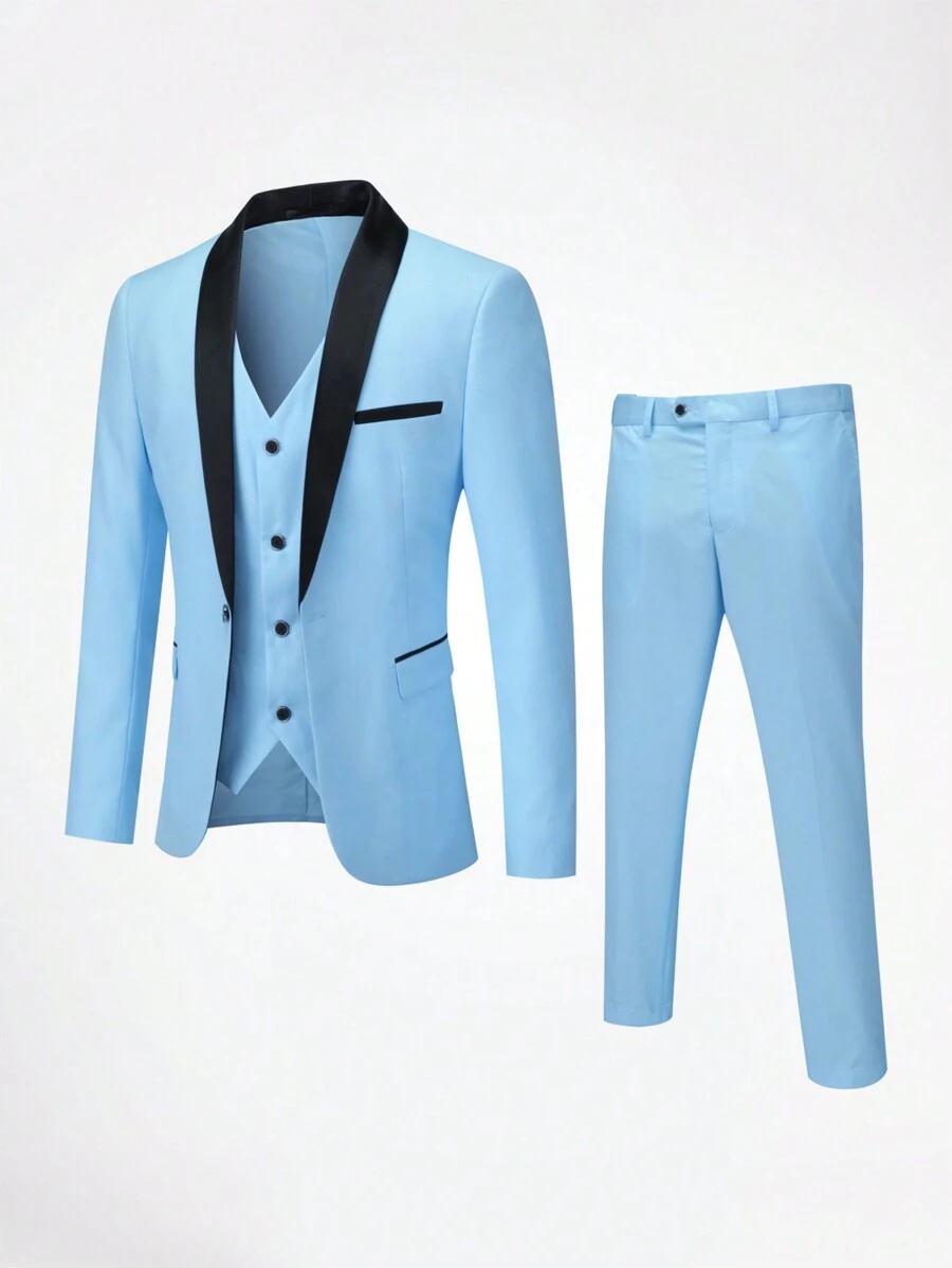 CLOUDSTYLE Men Contrast Panel Shawl Collar Blazer & Trousers - Baby Blue - View 1