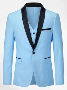CLOUDSTYLE Men Contrast Panel Shawl Collar Blazer & Trousers - Baby Blue - View 3
