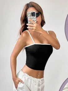 SHEIN EZwear Top de tirantes unido en contraste - Negro - Ver 3