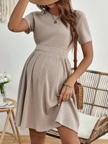 SHEIN Maternity Solid A-line Dress - Khaki - View 1