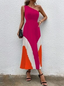 Chiquease Colorblock One Shoulder Pleated Hem Dress - Hot Pink - View 1