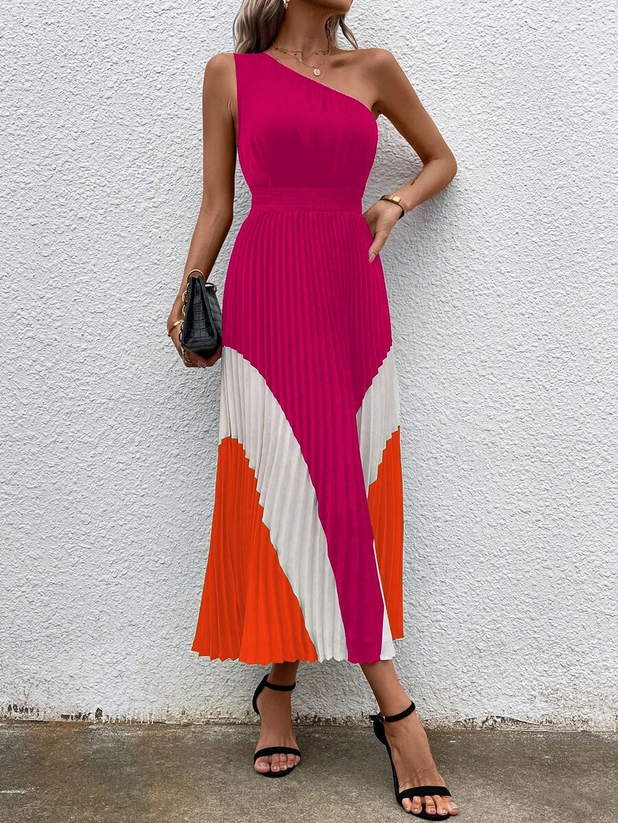 Chiquease Colorblock One Shoulder Pleated Hem Dress - Hot Pink - View 1