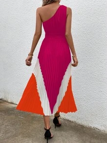 Chiquease Colorblock One Shoulder Pleated Hem Dress - Hot Pink - View 2