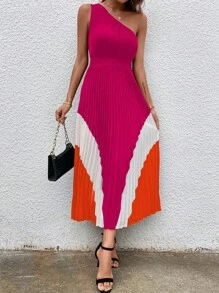 Chiquease Colorblock One Shoulder Pleated Hem Dress - Hot Pink - View 4