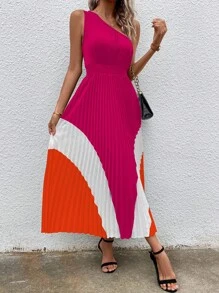 Chiquease Colorblock One Shoulder Pleated Hem Dress - Hot Pink - View 5