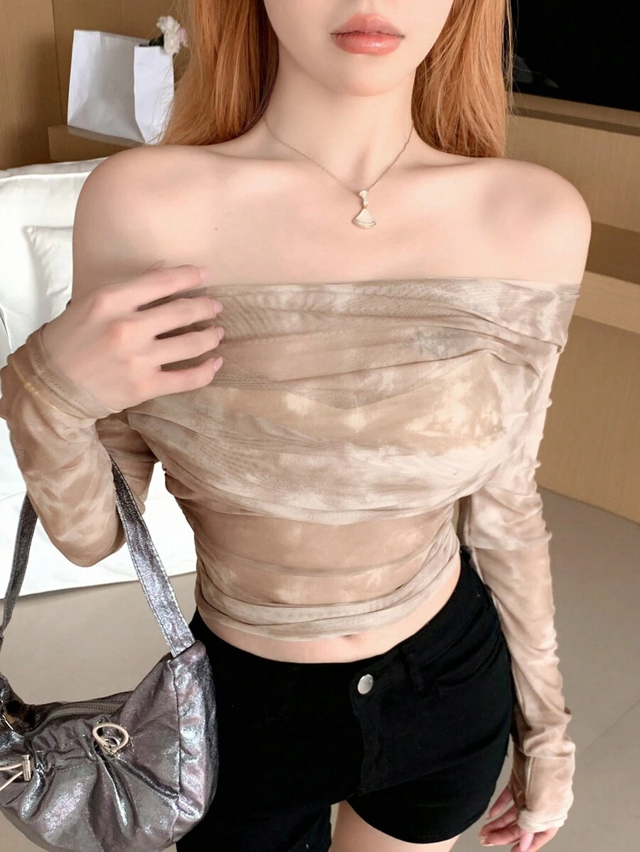 DAZY Tie Dye Ruched Mesh Top - Khaki - View 1
