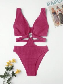 SHEIN Swim Bộ đồ bơi một mảnh hở sâu khoét sâu hở vòng hở mùa hè - Màu Hồng Tươi - Xem 3