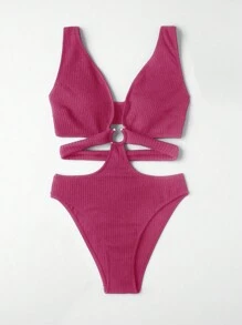 SHEIN Swim Bộ đồ bơi một mảnh hở sâu khoét sâu hở vòng hở mùa hè - Màu Hồng Tươi - Xem 4